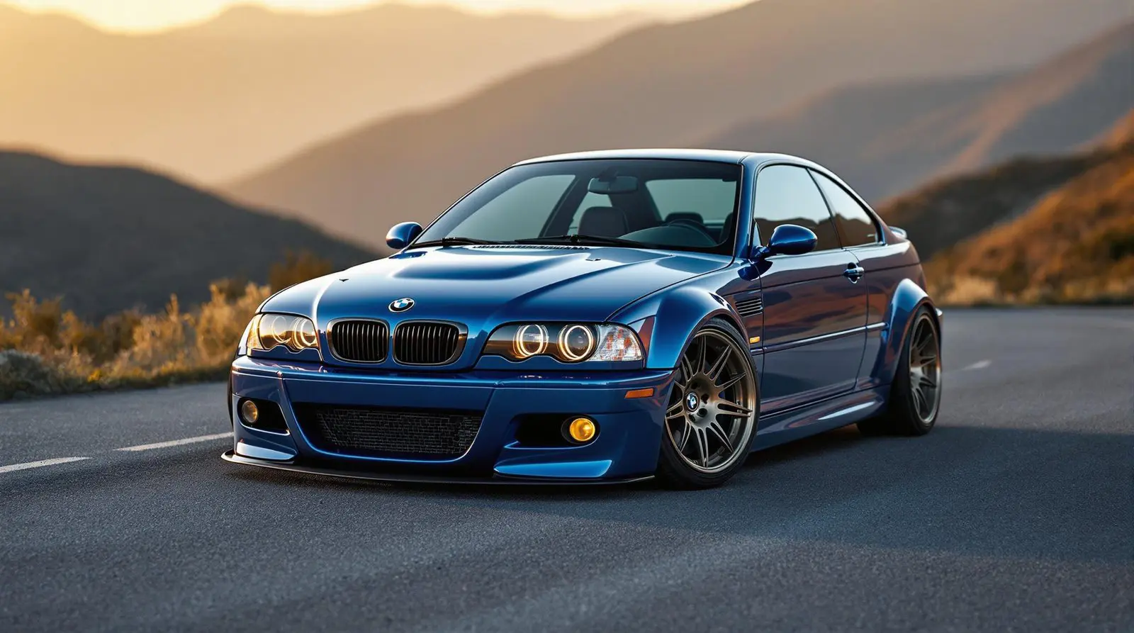 BMW M3 bleue mise en avant par Carbling sur route de montagne au coucher du soleil