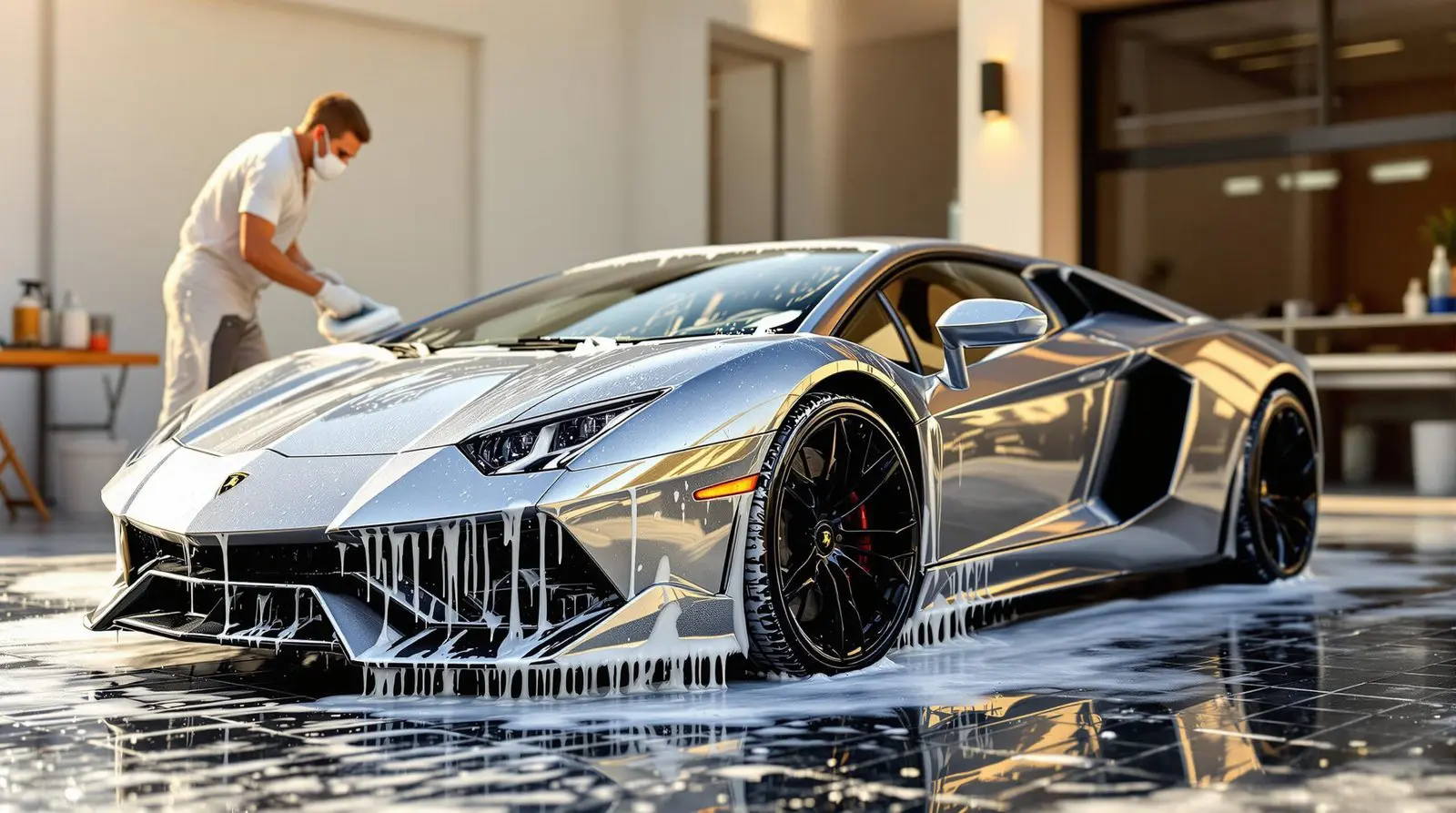 Nettoyage professionnel d'une Lamborghini chez Carbling, detailing haute gamme avec mousse active sur carrosserie brillante
