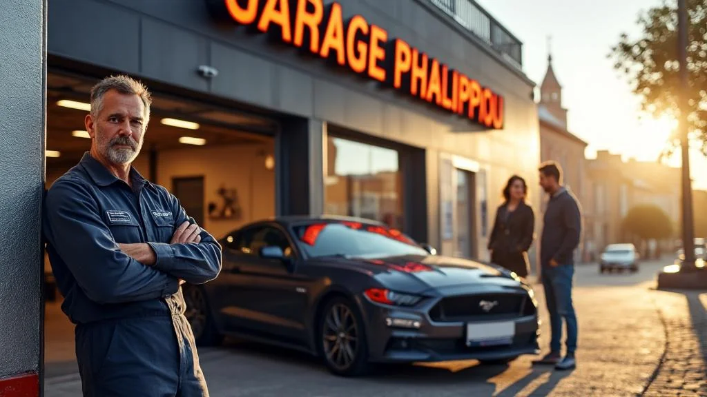 Façade moderne du Garage Phalippou Toulouse au coucher de soleil avec mécanicien et clients devant une voiture bleue récente.