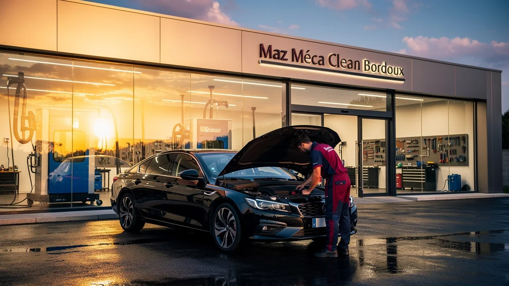 Extérieur moderne de Maz Méca Clean Bordeaux avec voiture brillante et technicien concentré en uniforme