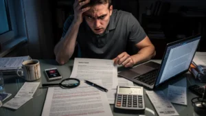 Homme stressé devant un contrat d'assurance, découvrant 850 € de franchise après une mauvaise lecture