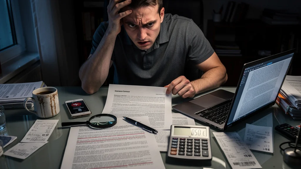 Homme stressé devant un contrat d'assurance, découvrant 850 € de franchise après une mauvaise lecture