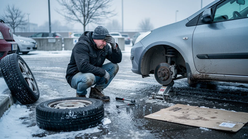 Mon changement de pneus hiver seul dans un parking, et les galères que je n’avais pas vues venir