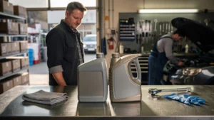 Comparatif honnête des huiles synthétiques grande surface vs garage, avec bidons sur établi d’atelier auto