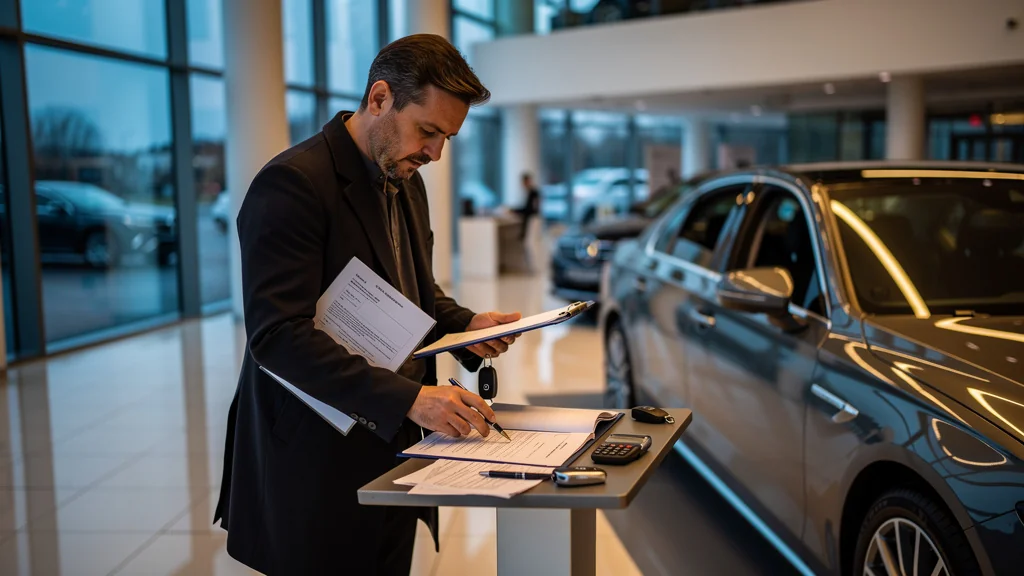 Assurance tous risques avec franchise et LOA : conducteur hésitant devant un contrat auto