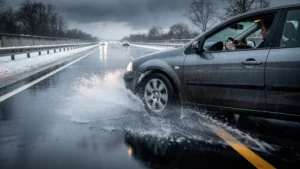 Aquaplaning en février avec pneus été, automobiliste en panique sur route mouillée