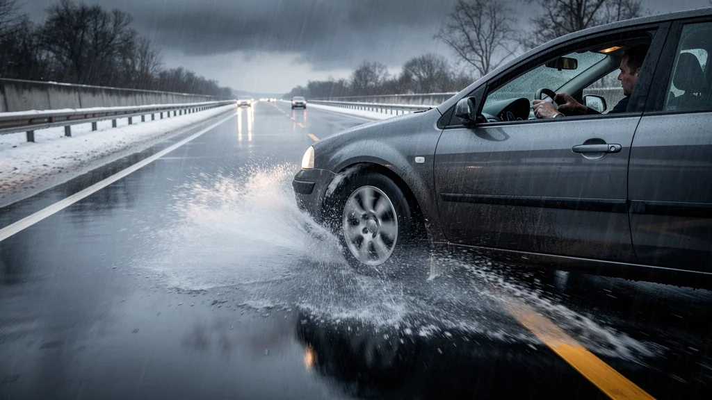 Aquaplaning en février avec pneus été, automobiliste en panique sur route mouillée