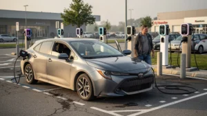 Corolla branchée sur une borne de recharge publique, illustrant le test de cinq bornes en une journée