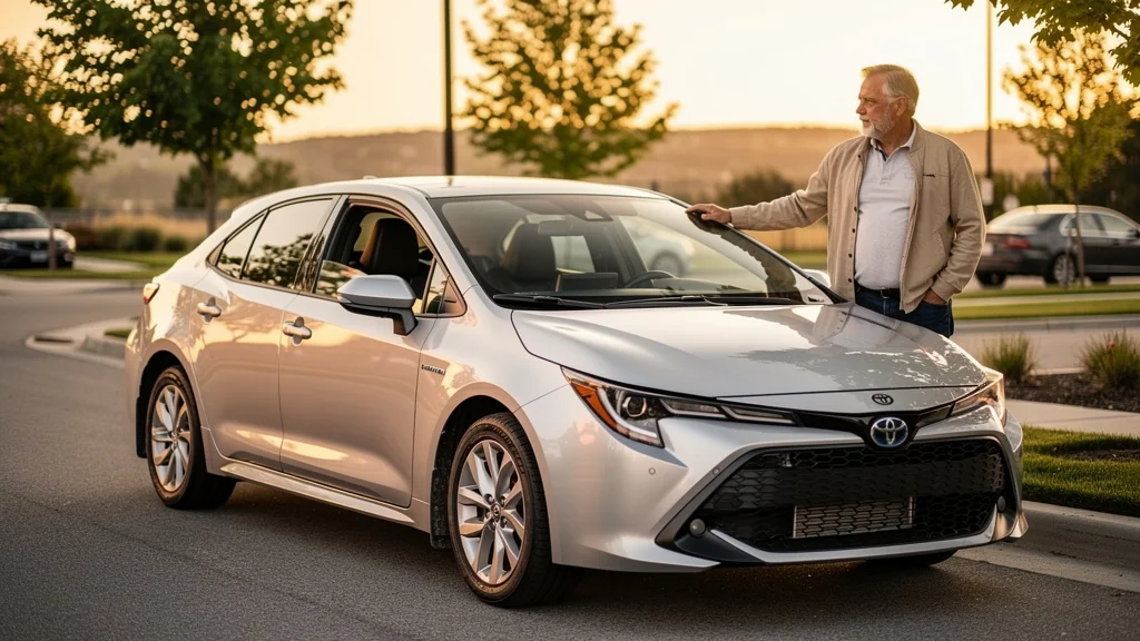 Toyota Corolla hybride sur route, illustrant un avis après 130 000 km au volant, image réaliste d'article auto
