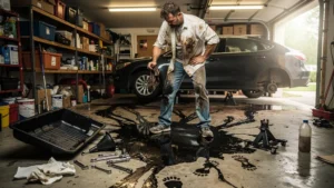 Vidange maison sans coupelle : huile renversée partout dans le garage après une erreur